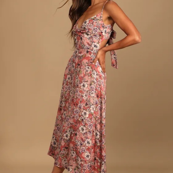 Lulus Ties With You Rose Pink Floral Print Tie-back Midi Dress - Size M - Picture 3 of 3